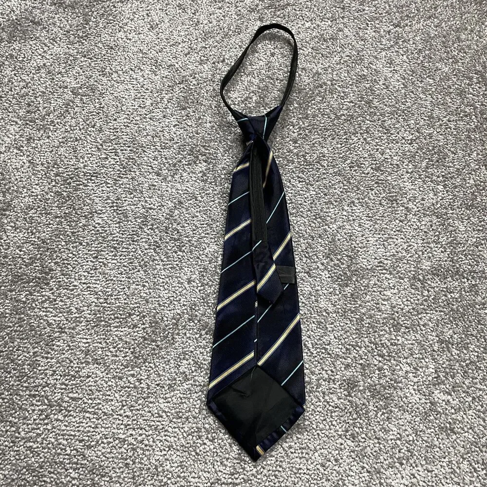 Unbranded Boys Zip Up Neck Tie Blue Shiny Yellow Angled Stripe Youth Formal